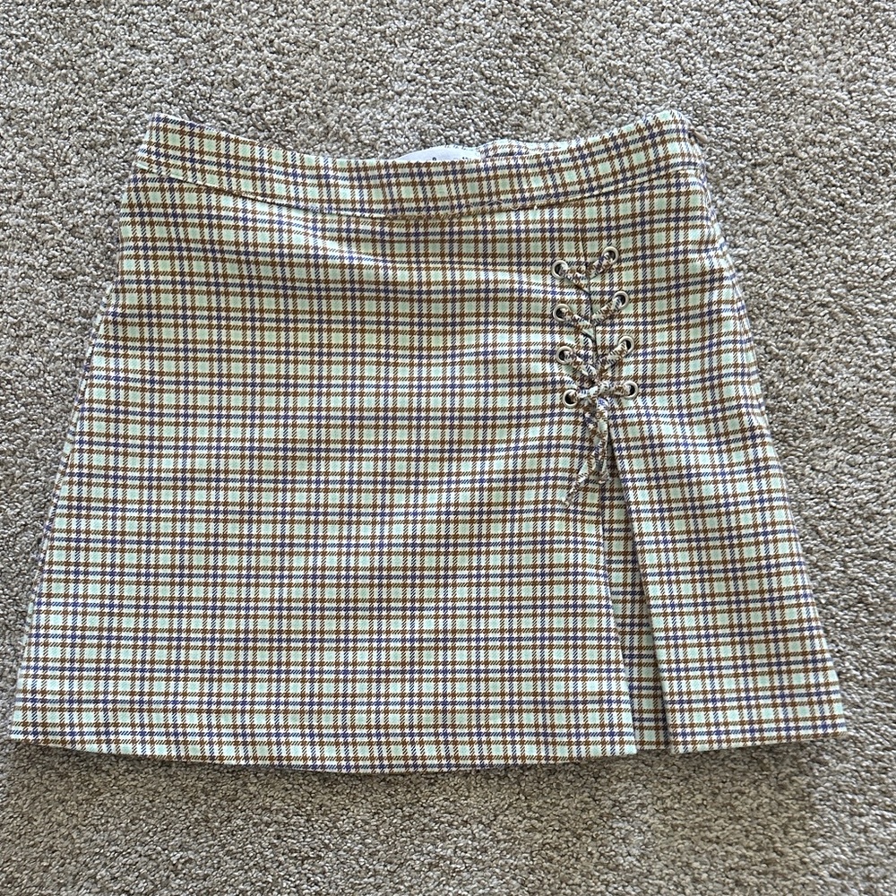 Zara Multicolor Plaid A-Line Skirt with Lace-Up Detail